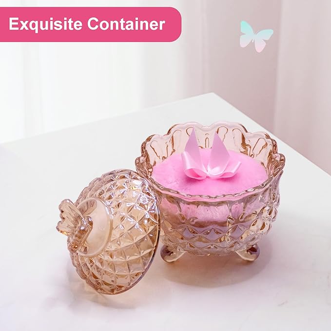 Qopoto 5 Pieces Large Body Powder Puff and Powder Container, Crystal Case for Dust Puff, Powder applicator with Box for Face and Body (Amber, Butterfly)