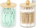 2 Pack Qtip Holder Bathroom Storage Canister for Cotton Ball Cotton Swab Pads Floss, Small Plastic Jars with Lids (Clear & Bamboo Lid, 2 Pack)