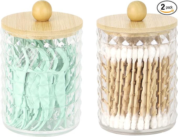 2 Pack Qtip Holder Bathroom Storage Canister for Cotton Ball Cotton Swab Pads Floss, Small Plastic Jars with Lids (Clear & Bamboo Lid, 2 Pack)