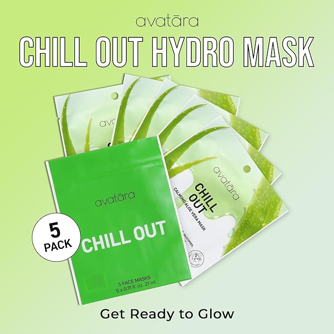 Avatara Chill Out Facial Mask 5 Sheets, Hydrating Mask, Sheet Masks, Face Mask Skincare Beauty Essential Made with Hydrating Hyaluronic Acid & Moisturizing Aloe, for Stressed-Out Skin, 5 Pack