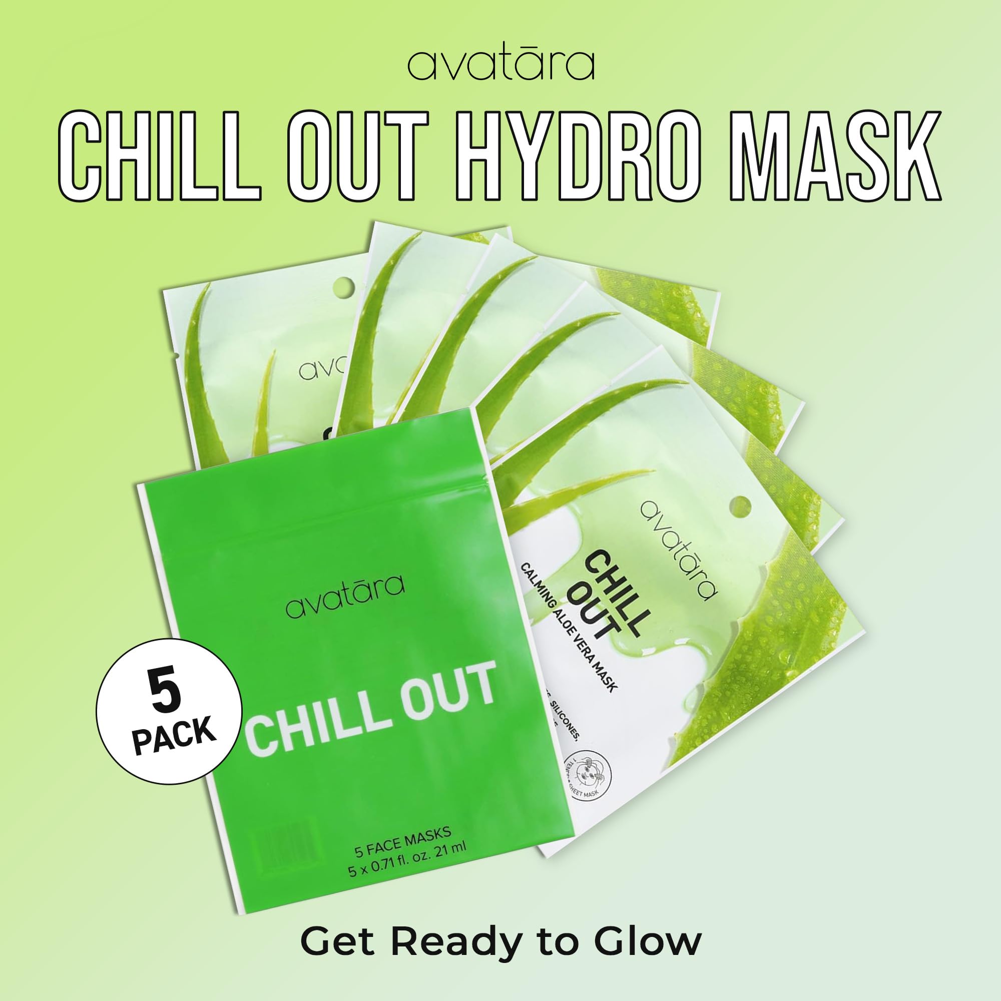 Avatara Chill Out Facial Mask 5 Sheets, Hydrating Mask, Sheet Masks, Face Mask Skincare Beauty Essential Made with Hydrating Hyaluronic Acid & Moisturizing Aloe, for Stressed-Out Skin, 5 Pack