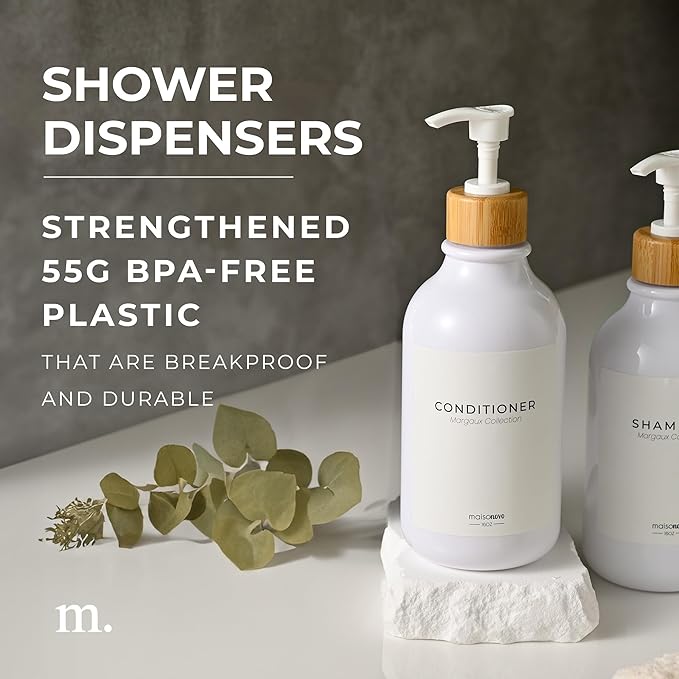 Shampoo and Conditioner Bottles Set of 3 White Bamboo – Shower Shampoo Dispenser – Hotel Style Bathroom Upgrade by MaisoNovo
