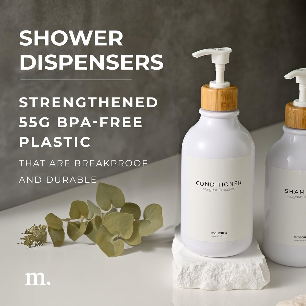 Shampoo and Conditioner Bottles Set of 3 White Bamboo – Shower Shampoo Dispenser – Hotel Style Bathroom Upgrade by MaisoNovo