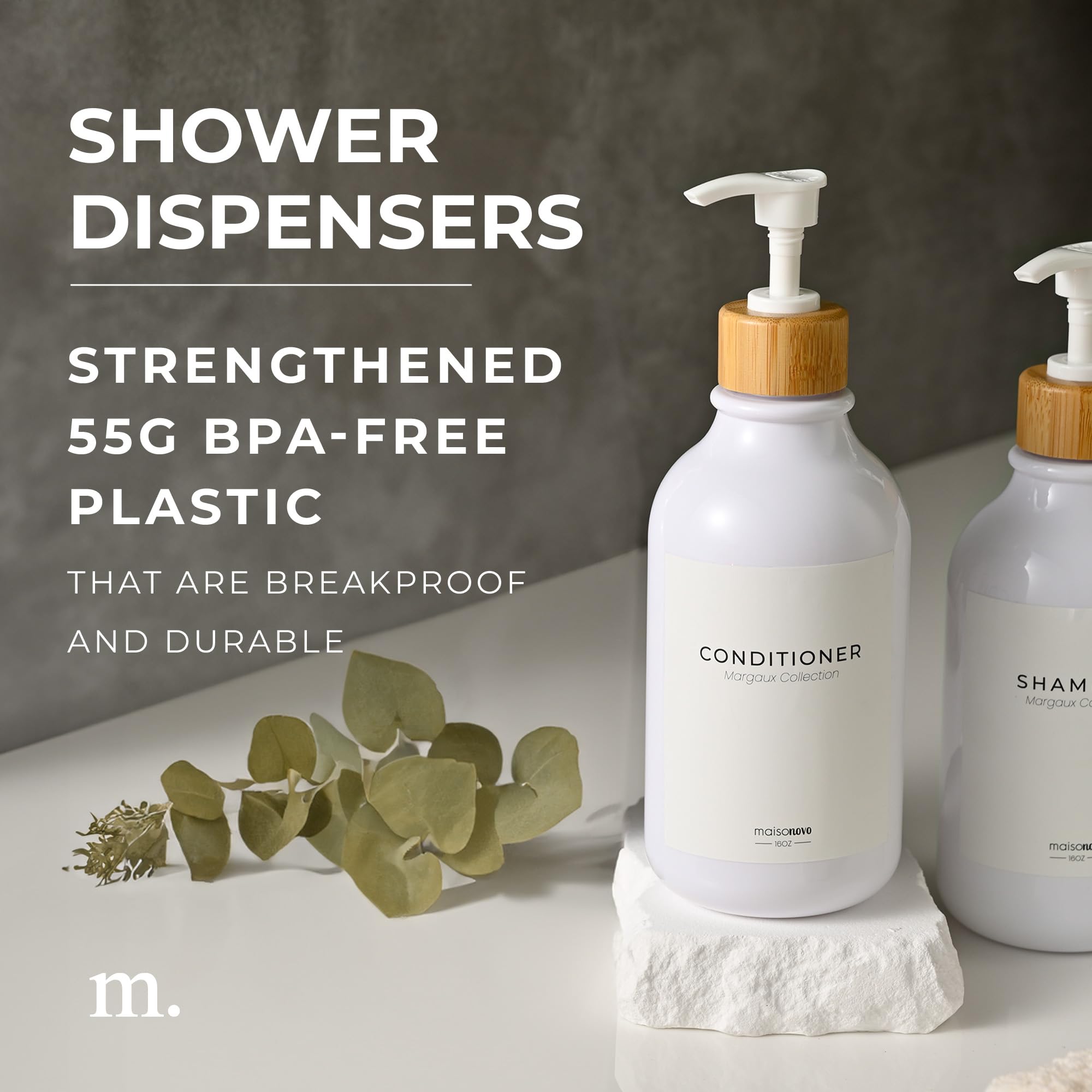 Shampoo and Conditioner Bottles Set of 3 White Bamboo – Shower Shampoo Dispenser – Hotel Style Bathroom Upgrade by MaisoNovo