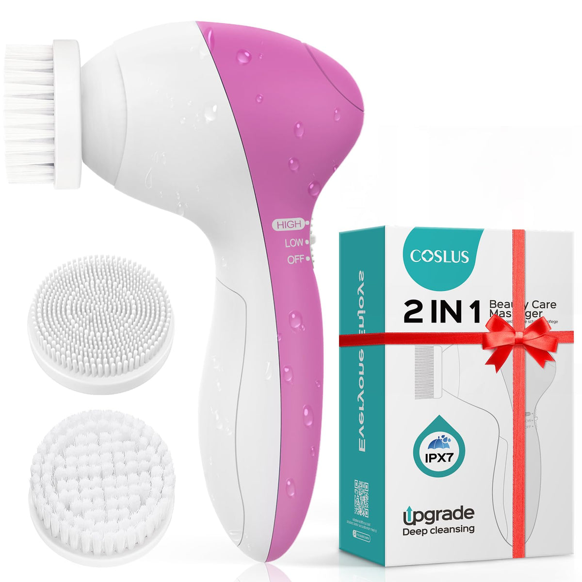 COSLUS Facial Cleansing Brush Face Scrubber, Standard Set, Bright Rose