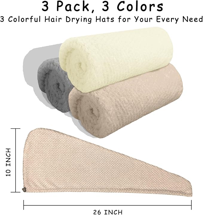 3 Pack Microfiber Hair Towel Wrap for Women, Fast Drying Hair Turban with Button, Anti-Frizz Large Hair Towel for All Hair Styles, Soft & Absorbent Hair Drying Towel(White,Khaki,Grey)
