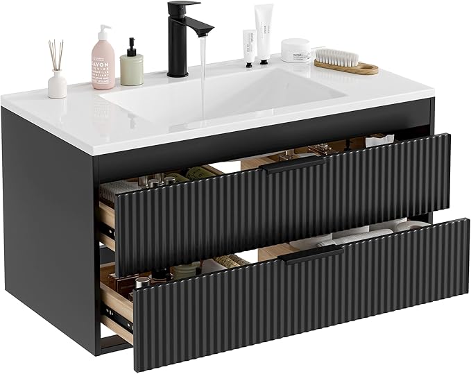 36 Inches Modern MDF Bathroom Vanity with Sink, Wall Mounted Floating Cabinets w/Double Drawers, Black Handles, White Resin Sink Combo Set (Black, 36")
