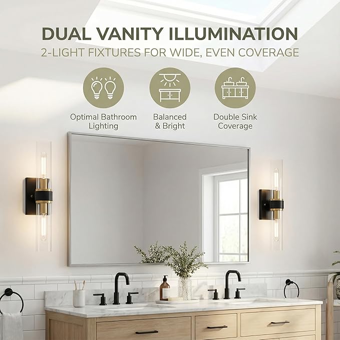 Black and Gold Wall Sconces Set of 2, Hardwired Bathroom Light Fixtures, Modern Bathroom Vanity Wall Lighting with Clear Glass Shade, Farmhouse Wall Sconce for Mirror Bedroom Hallway, E26 Base