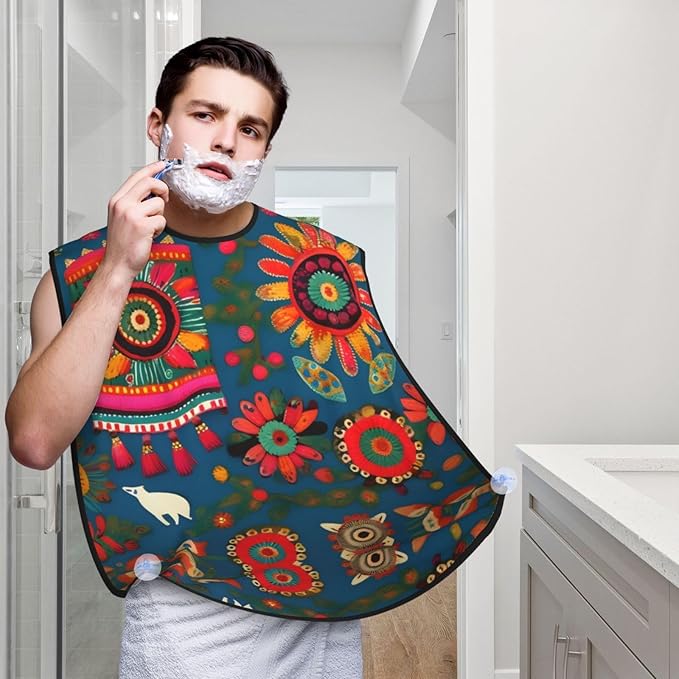 Mexican Folk Art Boho Print Beard Bib Apron For Men, Beard Hair Catcher For Men Shaving Trimming,Beard Cape Cloth