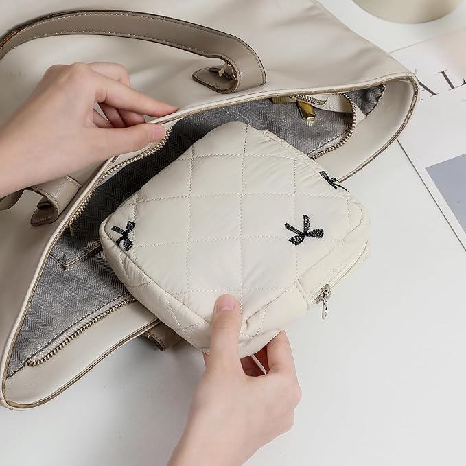 RSRSLEII Small Quilted Cosmetic Pouch for Purse, Mini Cotton Makeup Bag with Compartments, Cute Zipper Lipstick Holder for Women (06Beige Bow)