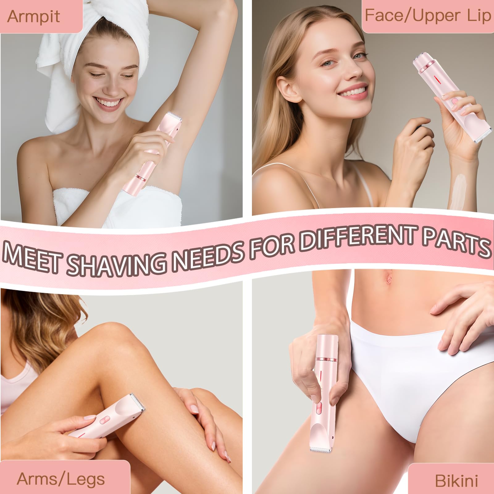 Bikini Trimmer for Women, 2-in-1 Dual Head Electric Razors for Women Pubic Hair, Waterproof Body Hair Trimmer and Face Shaver, Rechargeable Hair Removal for Bikini Legs Arm Sensitive Skin