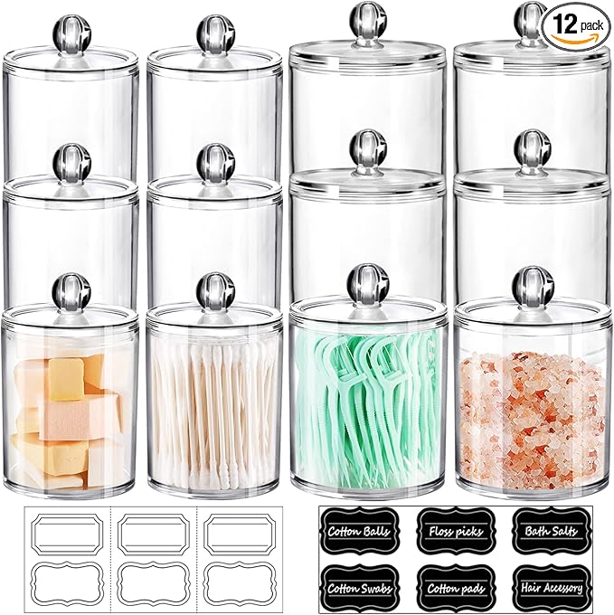 SheeChung 12 Pack Qtip Holder, Clear Acrylic Apothecary Jars with Labels- Shatterproof Bathroom Vanity Organizer for Cotton Swabs,Balls,Pads-Minimalist storage- (6) 12oz &(6) 15oz