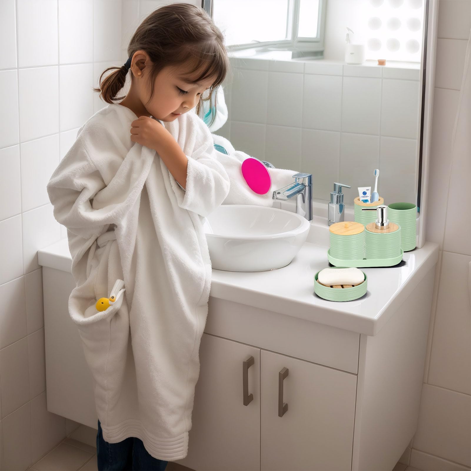 IMAVO Bathroom Accessory Set-11Pcs Green Bathroom Accessories Set with Trash Can,Soap Dispenser,Soap Dish,Toothbrush Holder,Toothbrush Cup,Toilet Brush Holder,Qtip Holder Dispenser with Labels