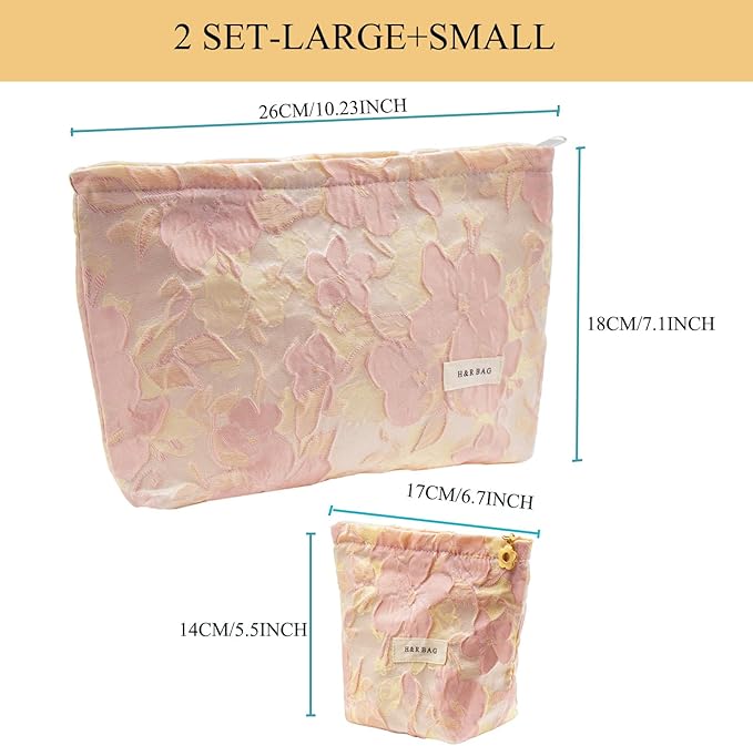 getgto 2 Pcs Makeup Bags, Large Cosmetic Bag Travel Toiletry Bag Organizer for Women, Embroidery Craft, Floral Makeup Bag Small Cosmetic Pouch Purse with Zipper Gifts for Girls Teen