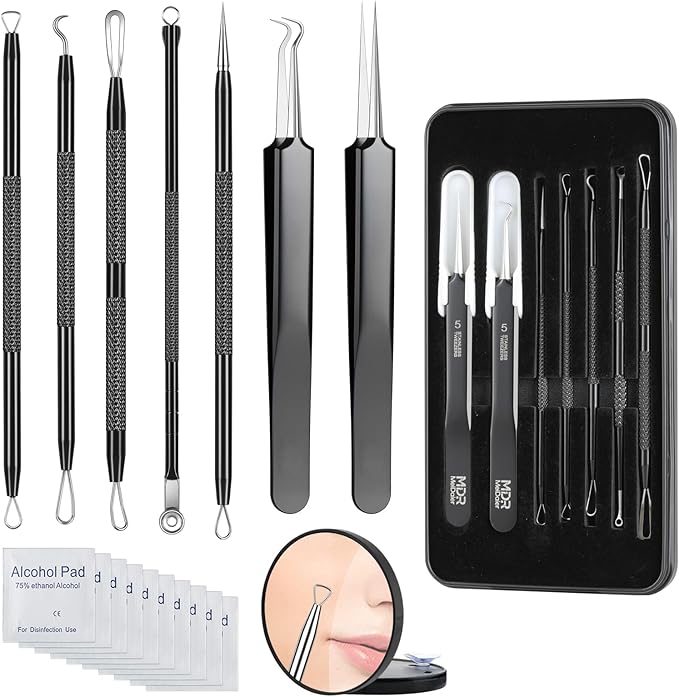 Meidaier 7Pcs Blackhead Remover Kit, Stainless Steel Acne Comedone Extractor with 10X Magnifying Glass & 20 75% Alcohol Pads, Pimple Whitehead Blemish Removal, Anti-Slip Handle & Storage Box