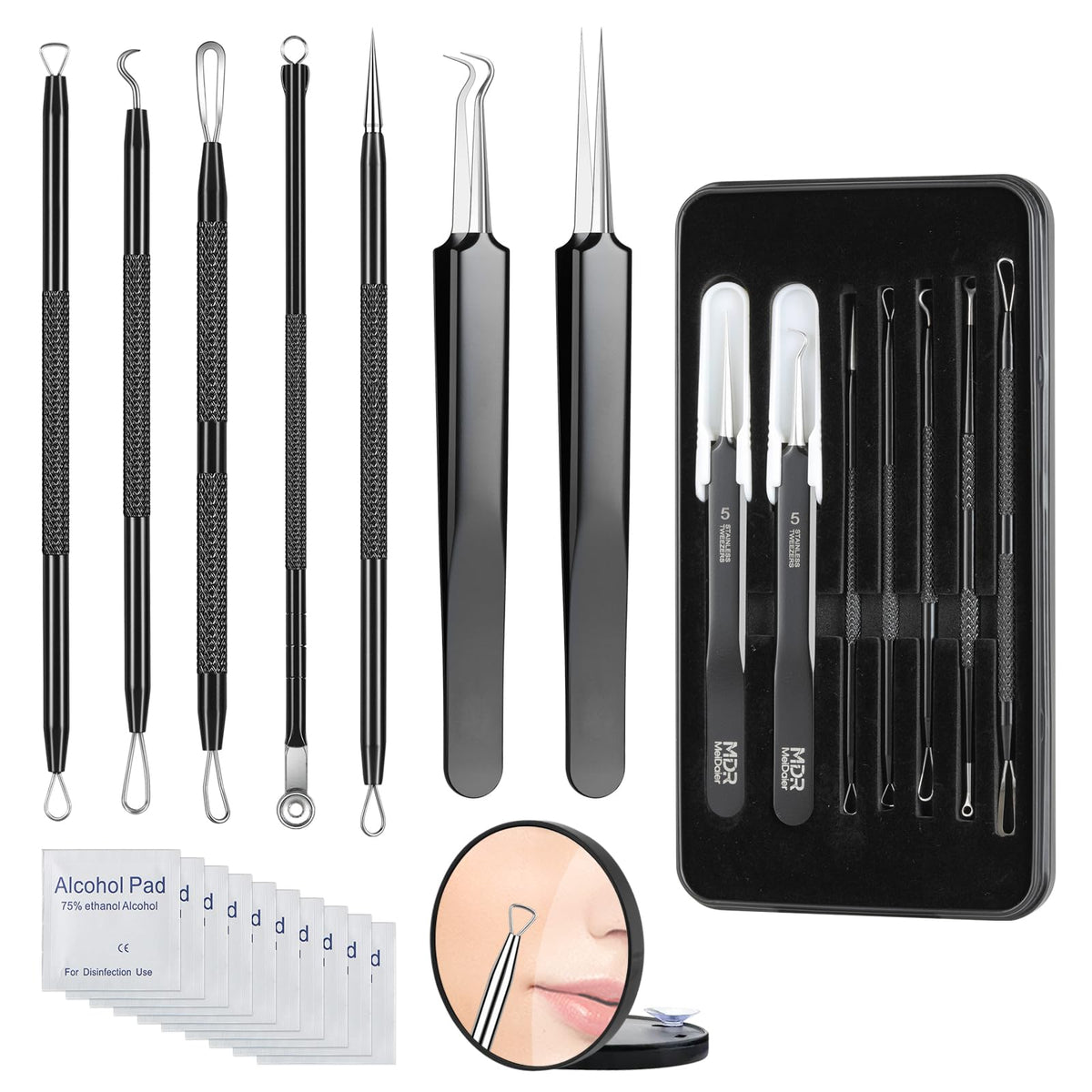 Meidaier 7Pcs Blackhead Remover Kit, Stainless Steel Acne Comedone Extractor with 10X Magnifying Glass & 20 75% Alcohol Pads, Pimple Whitehead Blemish Removal, Anti-Slip Handle & Storage Box