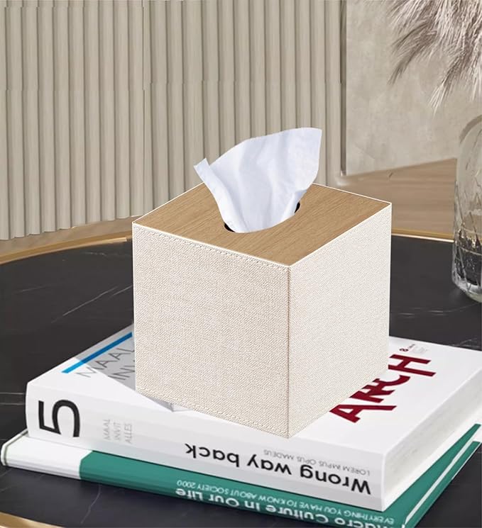 PU Leather Tissue Box Cover Square,Upgrade 99% Compatible Large Size,Cube Tissue Box Holder for Napkin Facial Paper,Dryer Sheet Dispenser Organizer for Bathroom Vanity Countertop Night Stand,Beige