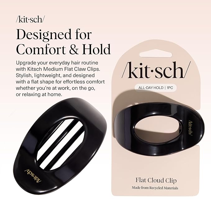 Kitsch Medium Flat Claw Clips for Women - Stylish Flat Hair Clips, Strong Hold for Thick & Fine Hair | Non-Slip for Secure, Comfortable All-Day Wear - Black