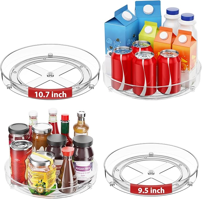 4 Pack Lazy Susan Organizer, 9.5 Inch, 10.7 Inch Lazy Susan Turntable for Cabinet, Turntable Organizer for Pantry Organizers and Storage, Non-Skid Fridge Organizer