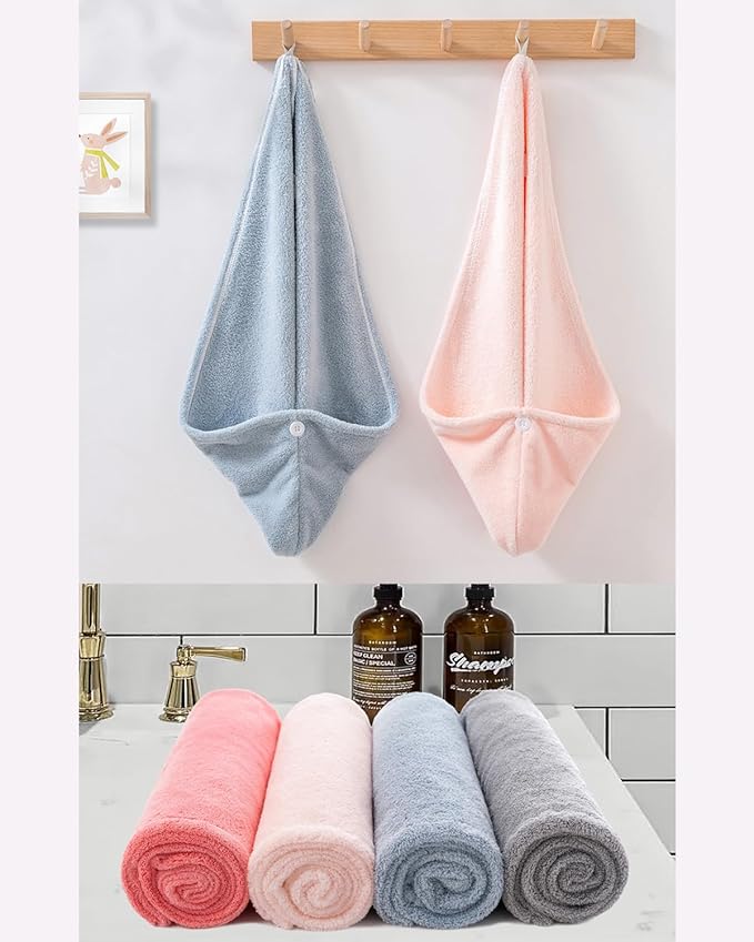 Bath Pre Dry Hair Towel 2 Pack - Quick Dry Super Absorbent Lightweight Turban With Button - Drying Wrap for Shower Wellness, Pink Blue