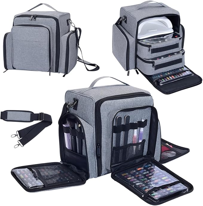 YAHOURWAT Nail Polish Organizer Holds 60 Bottles and a Nail Lamp,Portable Travel Case with 2 Removable Bags and Tools Storage Pockets Grey