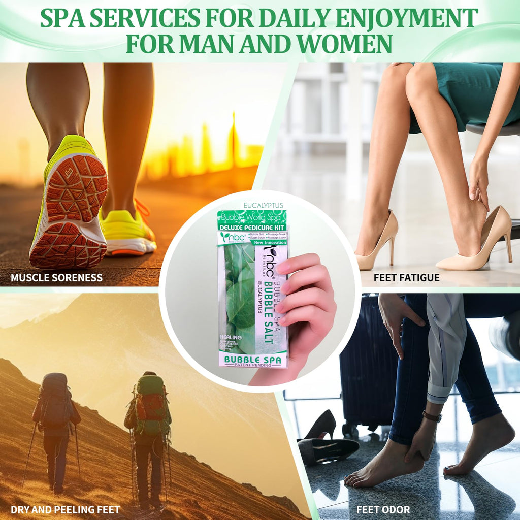 nbc BeautiLab Pedicure Kit Foot Soak Set: Bubble Salt, Sugar Scrub, Massage Mask, Massage Lotion in a Box, 4 Step Foot Spa Kit for Dry Feet,Tired Feet（3 Set Eucalyptus)