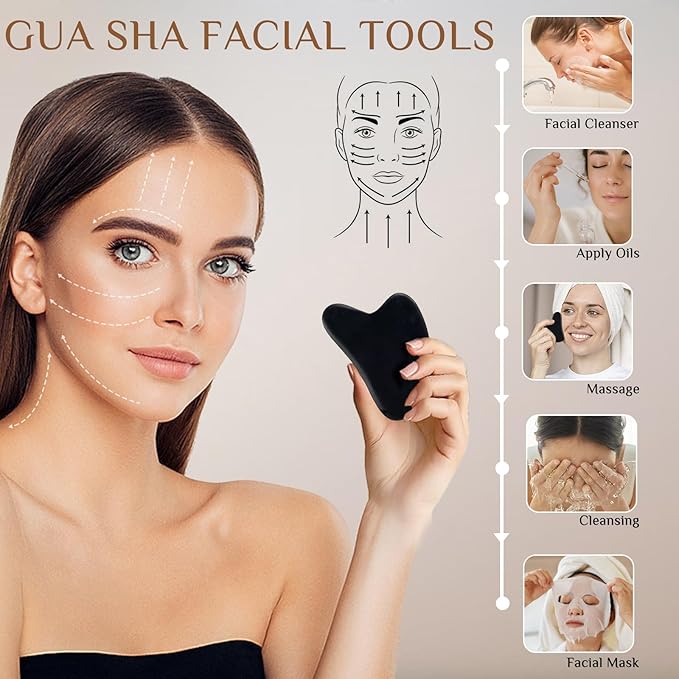 HDYAR 7 Pieces Hot Stones Massage Set - 6 Large Oval Massage Stones for Body Massage and 1 Heart-Shaped Basalt Stone Gua Sha Tool for Face Hot Rocks for Home Spa, Relaxing, Pain Relief