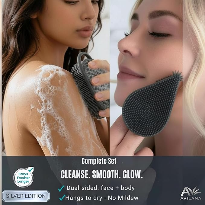 Avilana Silicone Body Scrubber for Shower – SGS Certified Food Grade Dual Sided Bath Brush, Gentle Exfoliating Silicone Loofah Alternative, Sensitive Skin Body Brush (Blue-Silver, Body & Face)