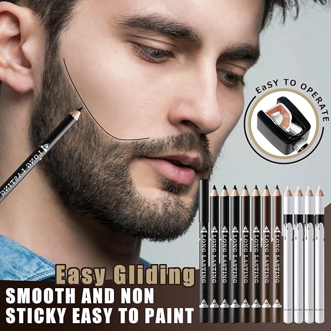 Noerrors 12Pcs Barber Pencil Set Magic Hairline Pencils for Lineup Beard Shaping Guide Pen with Sharpener Barber Chalk for Men Makeup Design White Black Dark Brown Light Brown