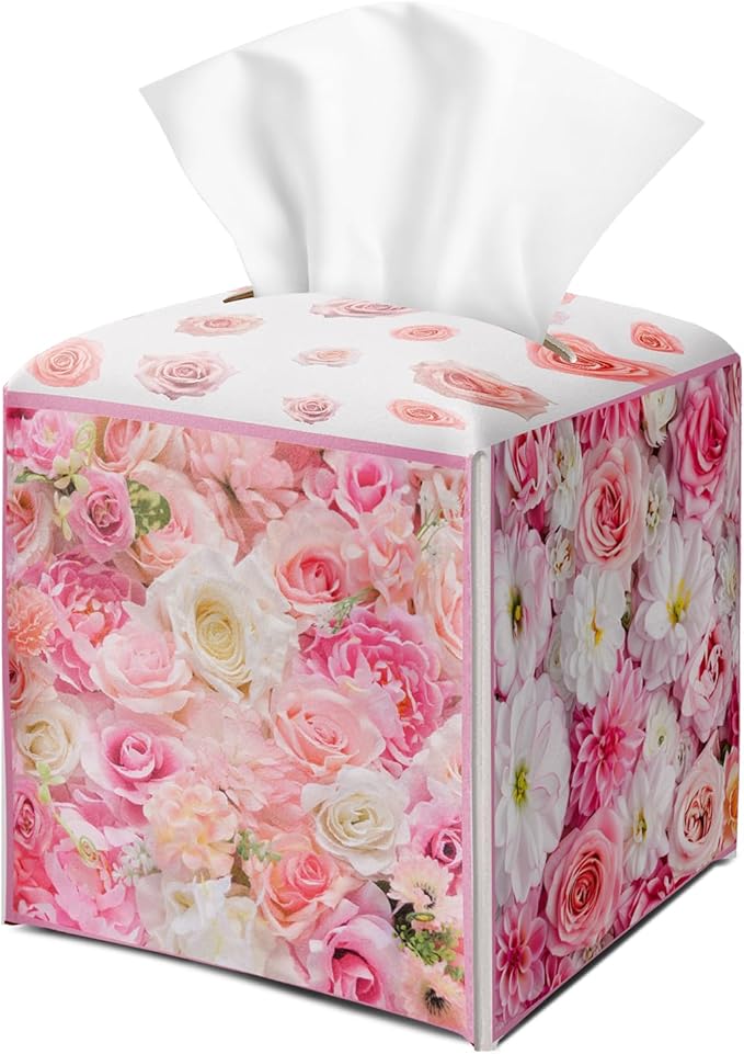 Roses Pink Floral Tissue Box Cover Square with Bottom Belt, Leather Waterproof Tissue Holder Facial Paper Case for Tabletop Home Office Bathroom Car Decor -04