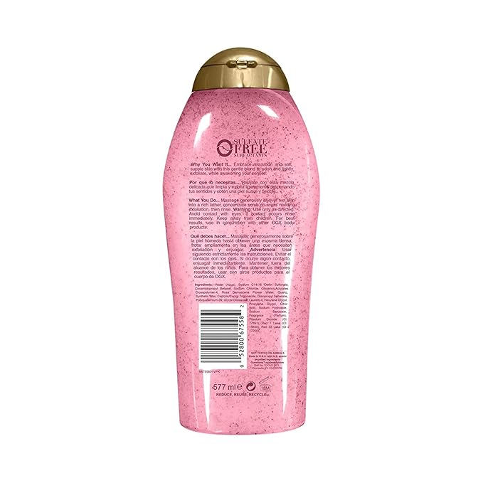 OGX Sensitive + Rose Water & Pink Sea Salt Exfoliating Body Scrub + Rose Quartz, Gentle Exfoliating Daily Wash Softens Skin, Scrub for Women, Sulfate-Free Surfactants, 19.5 fl oz (Pack of 3)