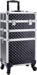 Adazzo 3 in 1 Professional Rolling Makeup Train Case Aluminum Trolley Case with 360° Rotation Wheels for Makuep Artist Cosmetic Suitcase Organizer with Lock and Key Diamond Pattern - Black
