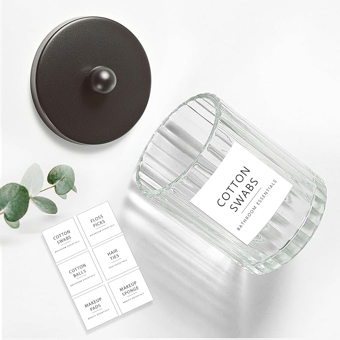Amolliar Apothecary Jars Bathroom Vanity Storage Organizer Set, Countertop Canister with Stainless Steel Lid & Cute Stickers, Qtip Holder Dispenser for Cotton Swabs, Balls, Makeup Pads(Bronze, 2 Pack)