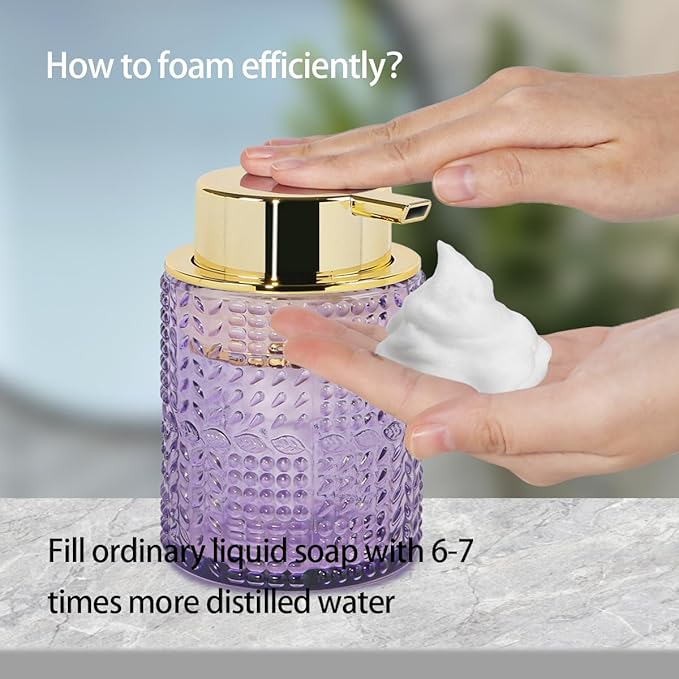 Fvstar Foaming Soap Dispenser, Purple Glass Foam Soap Dispenser with Gold Pump, Refillable 10oz Lotion Liquid Container Pump Bottle for Bathroom Kitchen Countertop