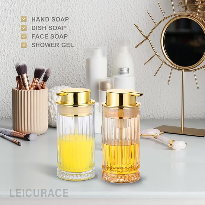 LEICURACE Glass Foam Soap Dispenser, Refillable Faming Dispenser with Gold Pump, Foam Hand Soap Dispenser for Bathroom Kitchen, Home Decor （Foam Type/Gold）