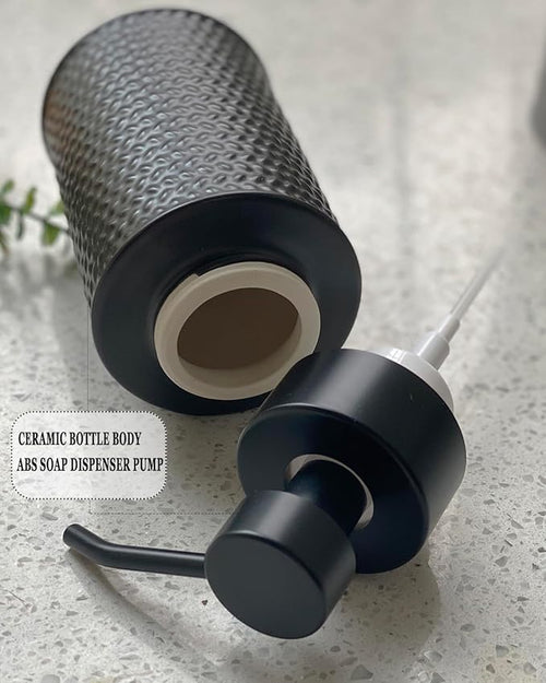 10 Oz Foaming Soap Dispenser for Bathroom,Kitchen Foam Soap Dispenser,Refillable Modern Foam Pump Bottle,Black Ceramic Foaming Hand Pump Dispenser (Black Weave)