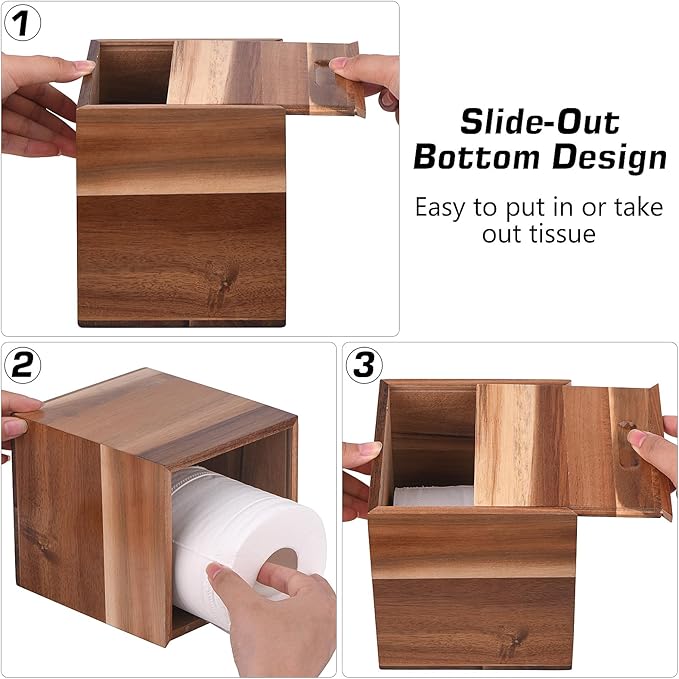 KYDIFS Tissue Box Cover Square, Acacia Wood Tissue Box Holder with Slide-Out Bottom, Wooden Tissue Box Cover Cube for Bathroom, Bedroom, Dinner Table, Office,Kitchen
