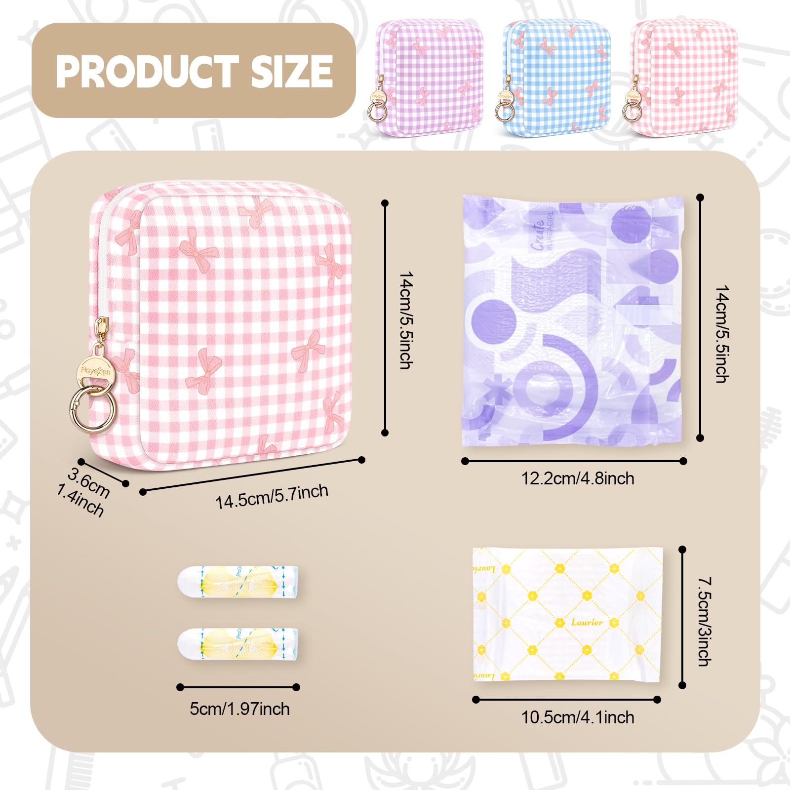 Playexen Period Bag for Teen Girls, Checkered Sanitary Napkin Storage Bag, Cute Bow Tie Menstrual Pad Purse Tampon Pouch (Plaid Purple)