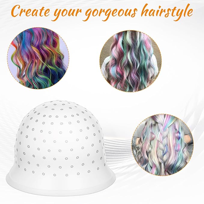 LIQWEI 2 Pcs Highlight Cap and Hook, White Silicone Reusable Highlighting Cap with 4.72 Inch Hook for Hair Coloring, Dyeing & Staining, Salon & Home Use (8.66 Inch Diameter)