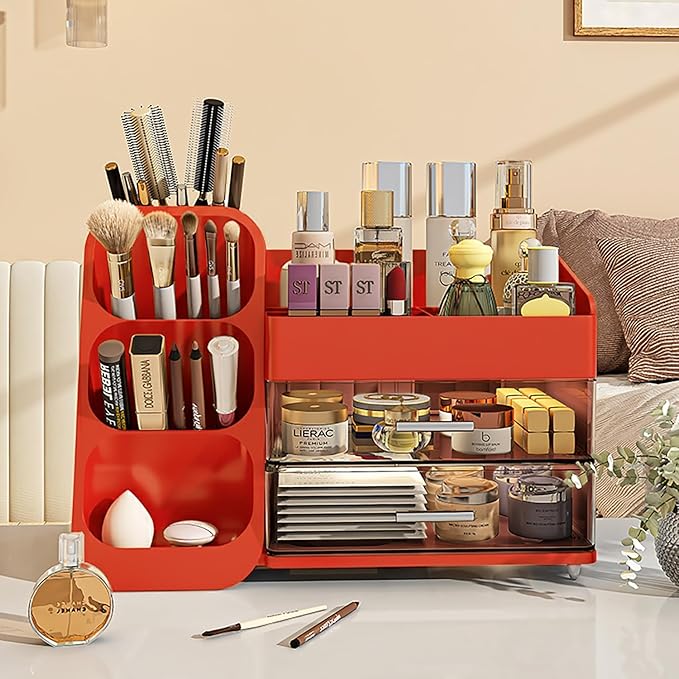 Booklov Large Makeup Organizer for Vanity Countertop, Red