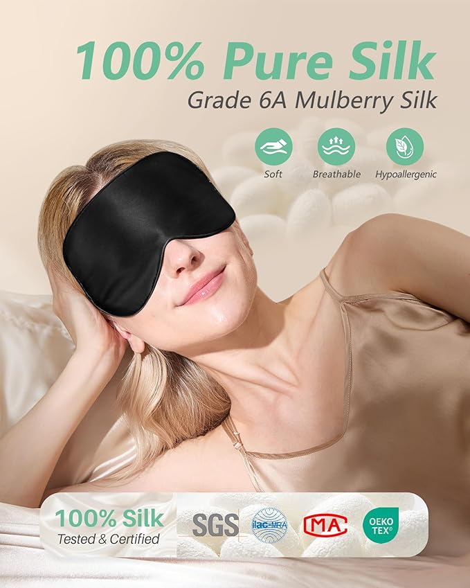 BeeVines Sleep Mask, 2 Pack 100% Real Natural Silk Eye Masks with Adjustable Strap for Sleeping, Mulberry Silk Eye Sleep Shade Cover, Blocks Light Reduces Puffy Eyes Traveling Gifts (Black &Black)