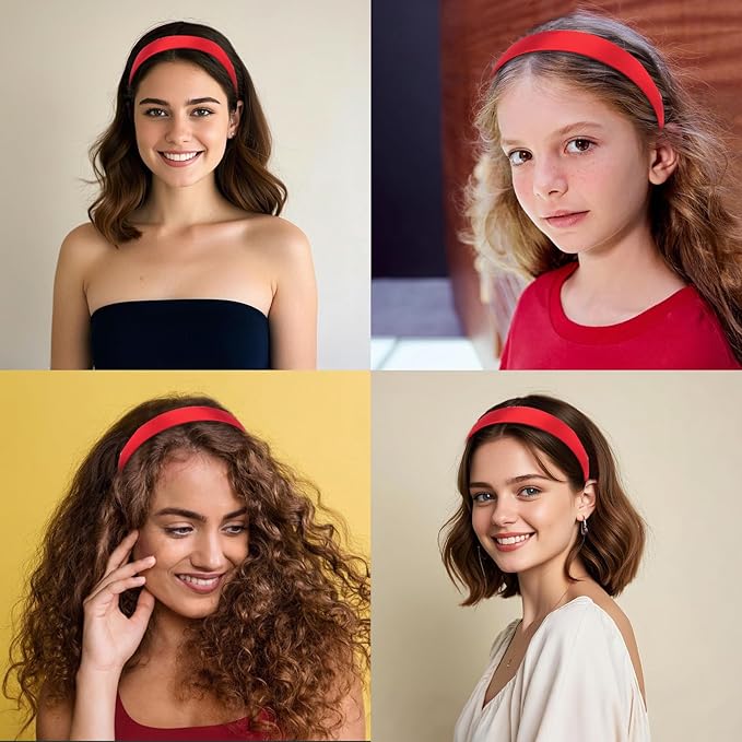 Wecoe 10 Pack Red Headbands 1 Inch Wide Glossy Satin Headbands Women Non Slip Fashion Plain Solid Head Bands DIY Valentine' s Day Christmas Hair Accessories for Women Girls Diademas Para Mujer