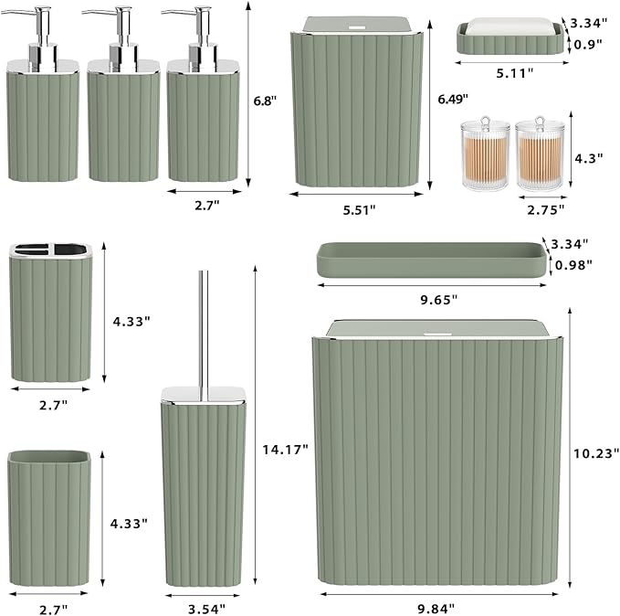 InnJoey Bathroom Accessory Set - Sage Green Bathroom Set, 12PC Bathroom Accessories Set, Mini Trash Can, Toilet Brush, Trash Can & Soap Dispenser