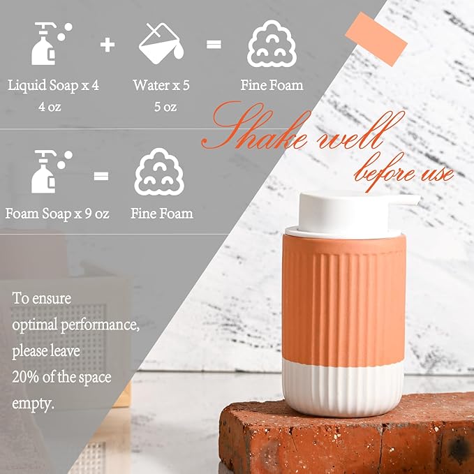 ABBI NIMO Hand Dipped Terracotta Ceramic Foam Soap Dispenser, 12 oz Rippled Bubble-Up Bottle with White Silicone Pump, Refillable Orange Hand Soap Dispenser for Bathroom