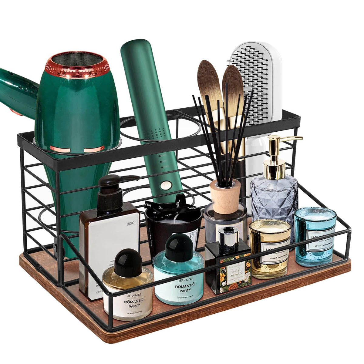 Siyzda Hair Tool Organizer, Movable Hair Dryer Holder, Hair Styling Tools Storage for Vanity, Bath Counter Organizer, Bathroom Trays for Hair Toiletry, Makeup (12" x 7.7" x 5.8", Wood-Black)