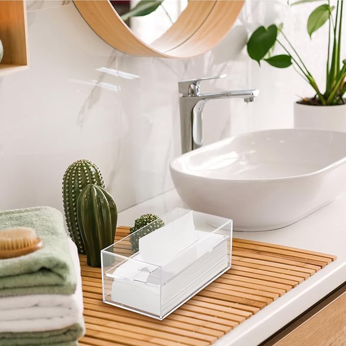 Dicunoy Acrylic Tissue Box Holder with Sinking Lid, Rectangular Facial Paper Holder with Removable Cover, Facial Napkin Dryer Sheet Dispenser for Vanity Counter, Dresser, Kitchen, Office, Bathroom