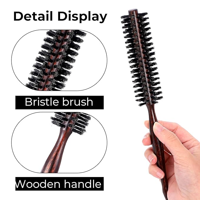 DOPENSPI Boar Bristle Round Hair Brush, Small Round Hair Brush with Wooden Handle Portable Beard Brushes for Men Boar Bristle Brushes for Men & Women