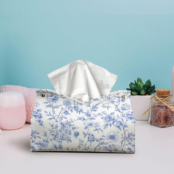 Chinoiserie Decor Rectangle Tissue Box Cover, Blue Flroal PU Leather Tissue Box Light Blue Tissue Holder for Bathroom Kitchen Facial Tissues, Housewarming Gifts for Women Girls 9.8x5.9x5.9