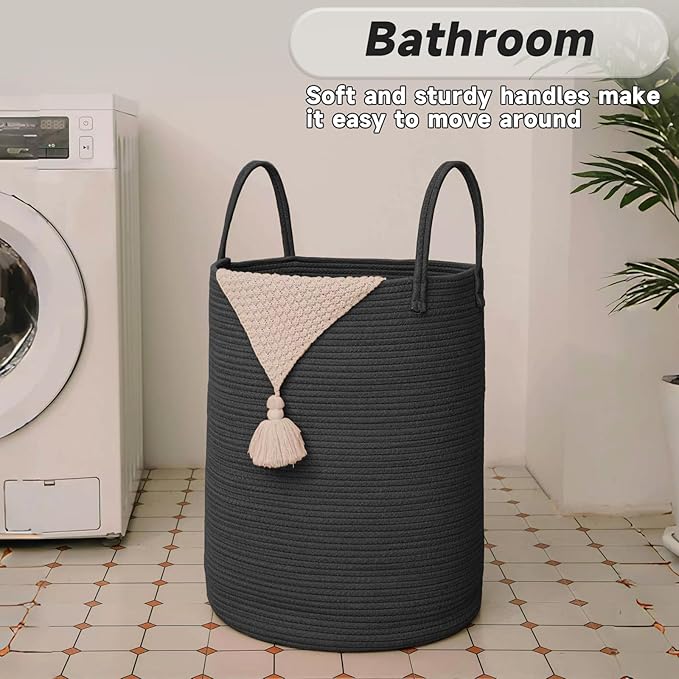 Large Woven Laundry Basket Hamper,100L Cotton Rope Storage Bin for Blankets,Toys and Clothes,Decorative Tall Nursery Hamper for Living Room,Baby Nursery,Bathroom and Bedroom,Black