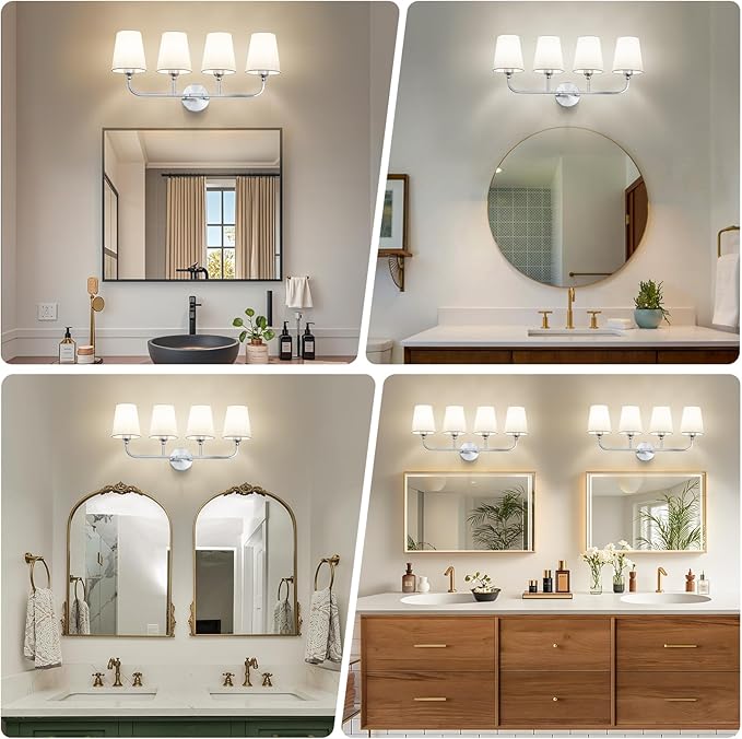 Bathroom Vanity Light, Brushed Nickel Bathroom Light Fixtures, 4-Light Lighting Fixtures Over Mirror, Modern Wall Sconce with Flared White Fabric Shade, E26 Socket(ETL Listed)